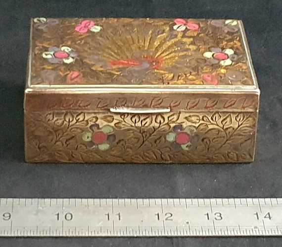 Brass Trinket Box with Copper Inlay, Peacock Deco… - image 2