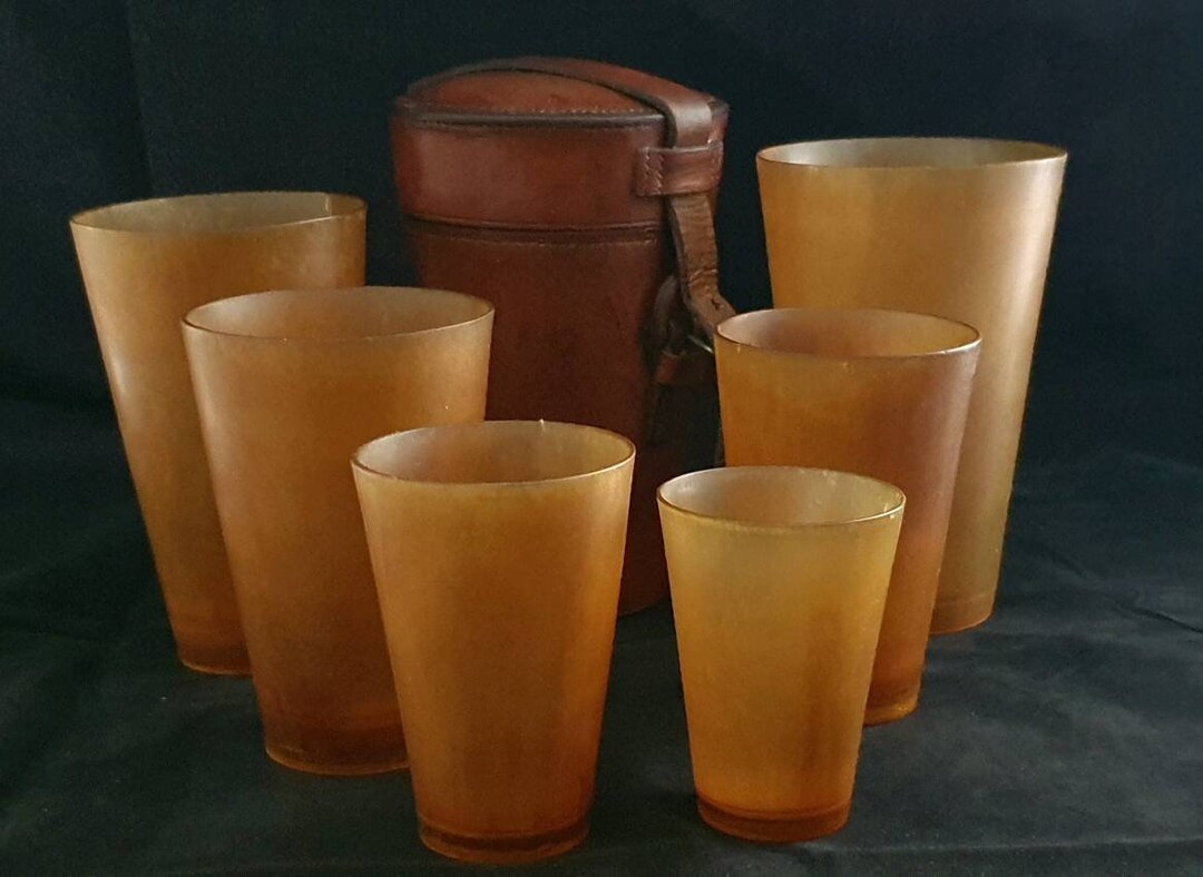 Set of Six Horn Beakers With Leather Canister, 19th Century, Hunting