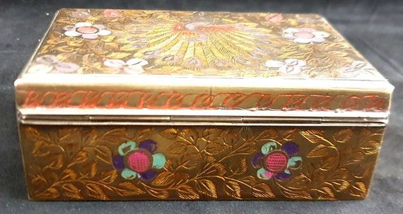 Brass Trinket Box with Copper Inlay, Peacock Deco… - image 5