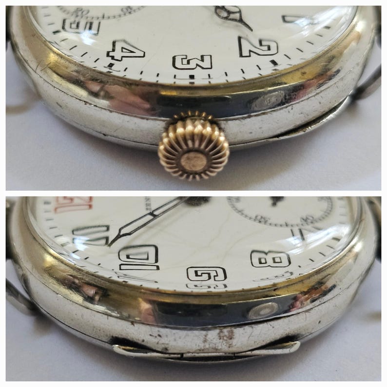 Op de afbeelding: Een zilveren zakhorloge met Romeinse cijfers op de wijzerplaat. Het horloge heeft een gouden kroon en een witte wijzerplaat met zwarte wijzers.