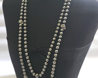 Alexander McQueen Beaded Skull Necklace, Double Row, Extra Long, Gunmetal Grey, Metallic Finish