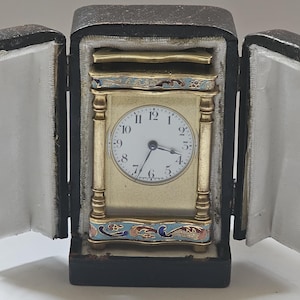 Late 19th Century French Guilloche Enamel Miniature Brass Carriage Clock, Cased, Serviced, Full Working Order