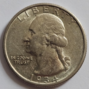 1934 Silver Quarter Dollar Coin, USA (900 silver)