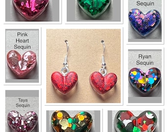 Valentine’s Day Handmade Heart Earrings Gift Small Chunky Novelty Resin Sequin and Glitter Free Postage On Two Or More Items