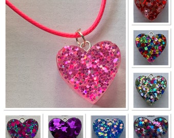 Chunky Extra Large Resin Heart Necklace Pendant Handmade Glitter Sequin Cord Necklace