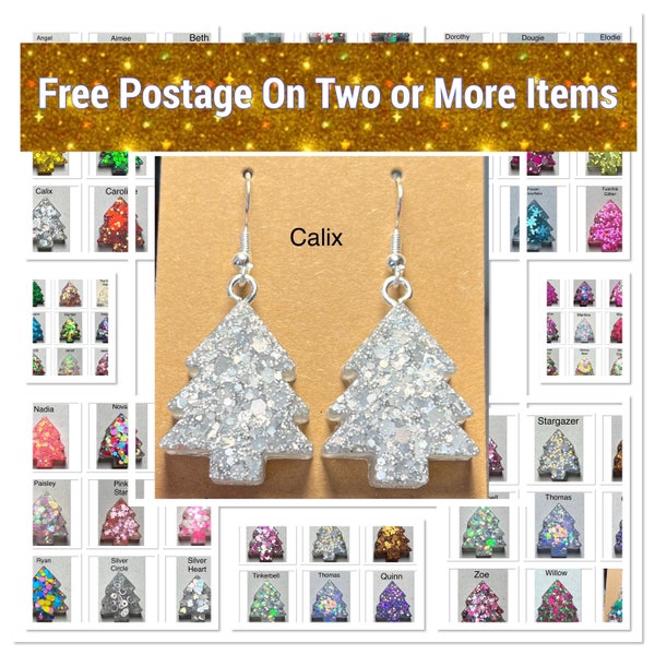 Christmas Tree Earrings Resin Hook Drop Sequins Glitter Secret Santa Stocking Filler Novelty Handmade Free Postage on Two or more items