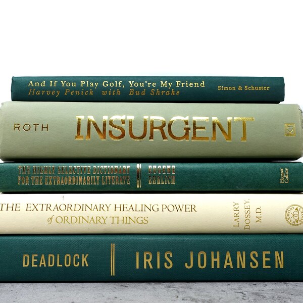 Set of 5 green & gold decorative book set / Stack of books for home decor, staging, props and shelf styling