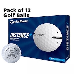 12 New TaylorMade Distance + Custom Design Golf Balls, Pack of 12 personalized golf balls. Add picture, logo or text on golf balls.