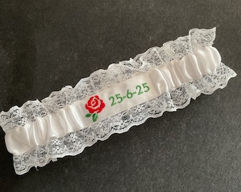 Embroidered Personalized Wedding Garter: Rose Logo, Custom Date