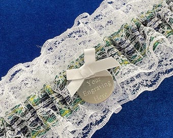 Lace Covered Gordon Tartan Garter: Personalized Engraved Disc