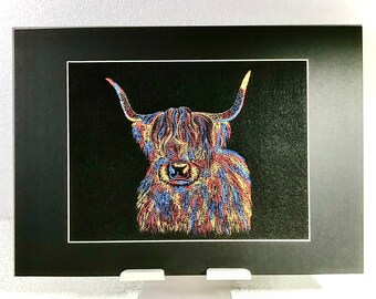 Highland Cow Embroidered Art: Multicolored Felt A4 Print
