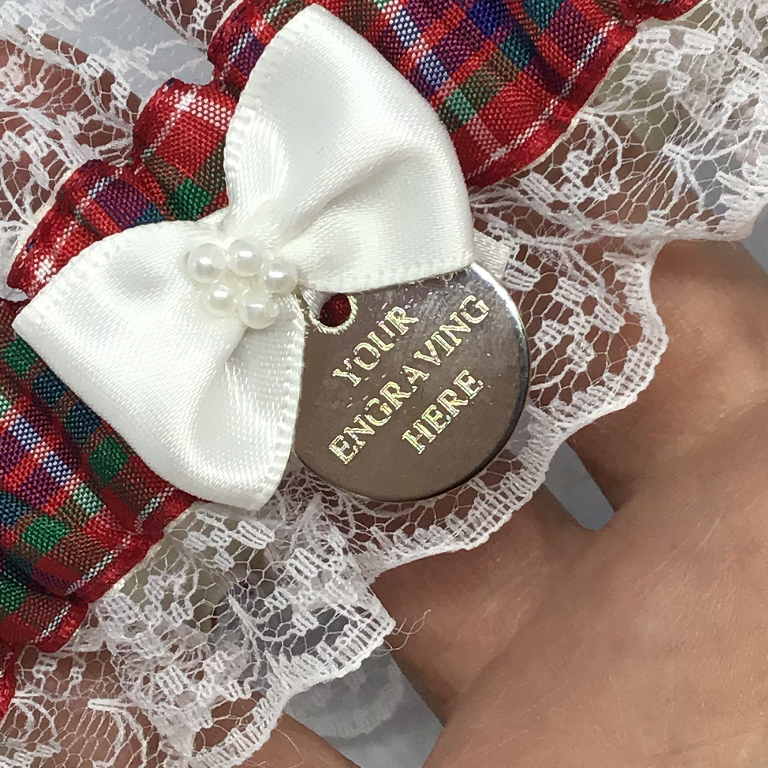 Personalized Frazer Tartan Wedding Garter: Engraved Charm, Lace Trim