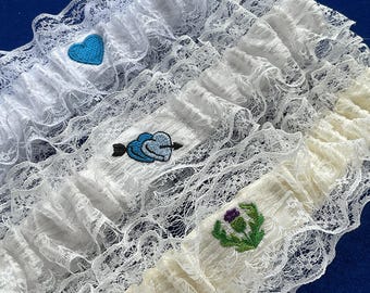 Embroidered Heart Lace Garter: White, Ivory, or Dark Ivory