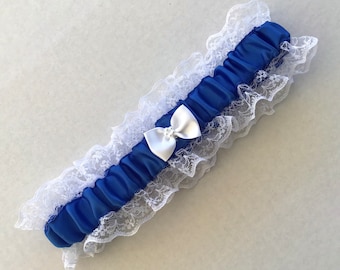 Royal blue elasticated wedding garter with white or ivory trim, with option to personalise with engraving