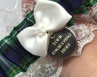 Personalised Campbell tartan garter. Personal wedding garter with lace trim and bow in white, ivory or light ivory (bridal). Engraved charm