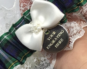 Personalized Campbell Tartan Wedding Garter: Scottish Bridal Lace with Engraved Charm