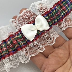 Royal Stewart tartan garter with lace and bow trim in white, ivory or light ivory (bridal).
