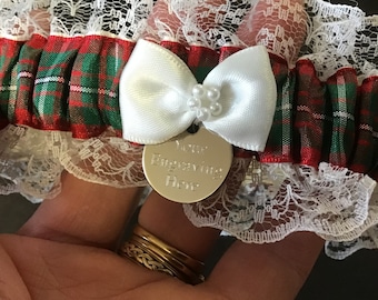 Personalised McGregor tartan garter trimmed with white, ivory or light ivory (bridal) lace and bow.