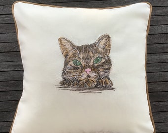 Embroidered Cat Cushion Cover: Cream Wool Crepe, Copper Piping