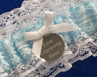 Lace covered garter blue/white or blue/ ivory,  option to personalise with engraved disc