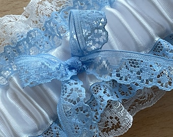 Luxury Lace Wedding Garter: White or Ivory with Blue Trim