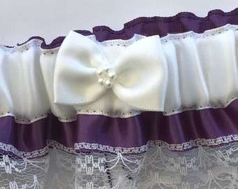 Personalized Purple Satin Wedding Garter: Ivory Bow, Handmade Bridal Gift