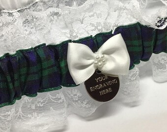 Blackwatch Tartan Wedding Garter: Personalized Engraved Bridal Accessory