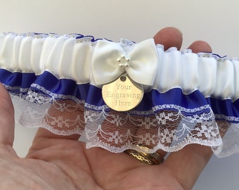 Royal blue , Ivory, light ivory (bridal) or white elasticated garter with option to personalise, wedding gift. Something blue, satin