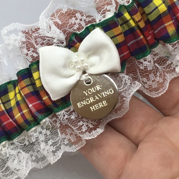 Personalised tartan garter with engraved charm and lace trim, Buchanan tartan with white, ivory or Lt ivory trim.