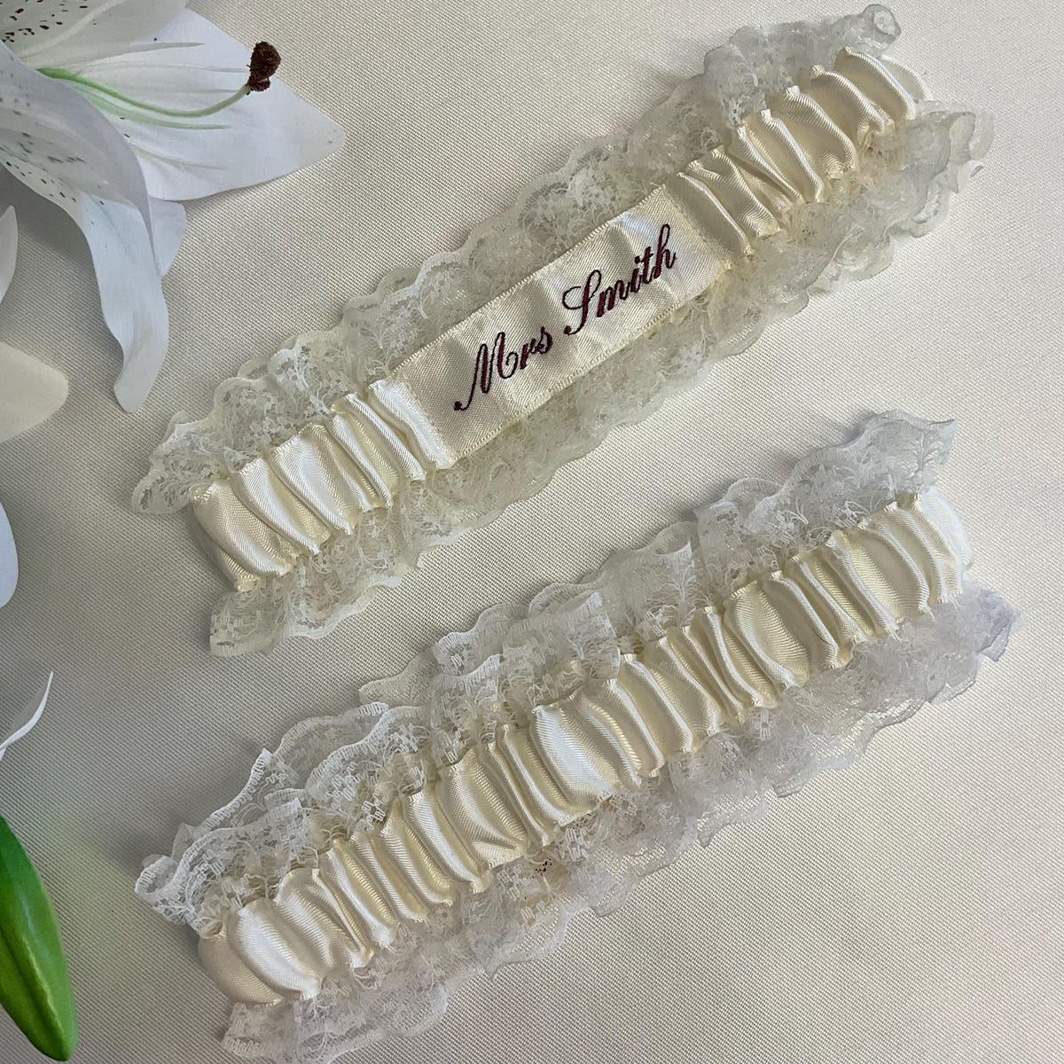 Embroidered Personalized Wedding Garter Set: White, light ivory or dark Ivory Satin