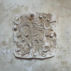 Vintage Outsider Art Wall Hanging Found Object Plaster Relief