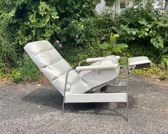 Vintage 1970s Milo Baughman for James Inc White Leather and Chrome Recliner