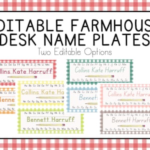 EDITABLE Farmhouse School Desk Name Plates, back to school, student names, editable, download, classroom decor, farmhouse, gingham, school