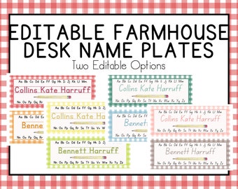 EDITABLE Farmhouse School Desk Name Plates, back to school, student names, editable, download, classroom decor, farmhouse, gingham, school