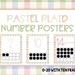 May include: Educational number posters featuring pastel plaid borders and the text PASTEL PLAID NUMBER POSTERS 0-20 WITH TEN FRAMES. Three individual cards display the numbers 2, 10, and 14 with corresponding black dot ten frame illustrations.