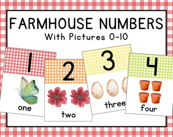 Farmhouse Numbers 0-10, Pictures, classroom decor, vintage, watercolor, back to school, school decor, primary school