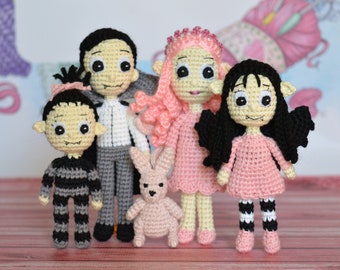Isadora Moon and family,Honeyblossom,Vampire Doll,Pink Rabbit,Crochet Vampire girl,Original Gift,Doll bat wings
