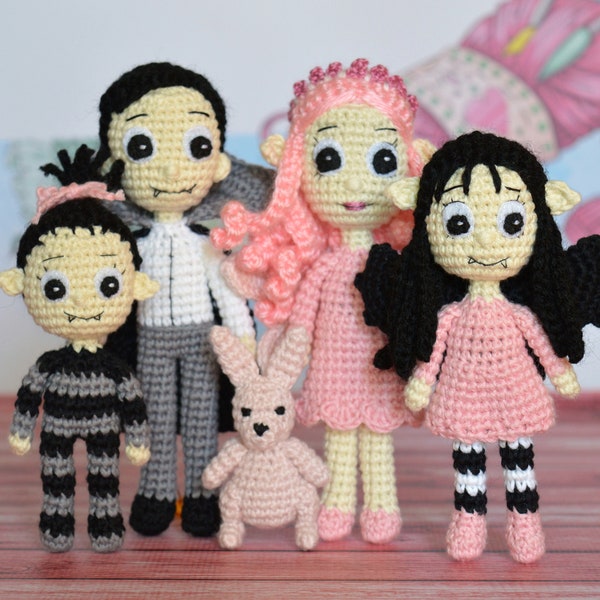 Isadora Moon and family,Honeyblossom,Vampire Doll,Pink Rabbit,Crochet Vampire girl,Original Gift,Doll bat wings