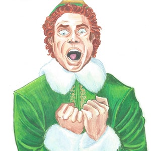 May include: A watercolor illustration of a man dressed as an elf, wearing a green suit with a white collar and cuffs, a black belt with a silver buckle, and a green hat. He has red curly hair and is looking at the viewer with a surprised expression. His mouth is open and his eyes are wide.