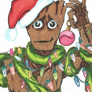 May include: A cartoon illustration of a green, brown, and red Christmas tree. The tree is a humanoid figure wearing a Santa hat and holding a pink ornament. The tree is decorated with green garland and colorful Christmas lights. The tree is holding a box of ornaments.