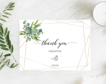 Thank You Note,  Wedding Thank You Template, Greenery and Gold, INSTANT DOWNLOAD, 100% Editable