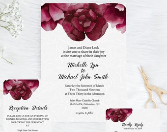Printable Wedding Invitation Suite, Wedding Set Template, Red Rose Watercolor Flowers Wedding, INSTANT DOWNLOAD, 100% Editable Text