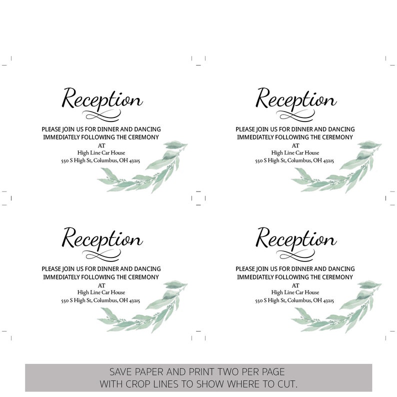 Wedding Reception Card, Reception Details Template, Eucalyptus Greenery, INSTANT DOWNLOAD, 100% ...