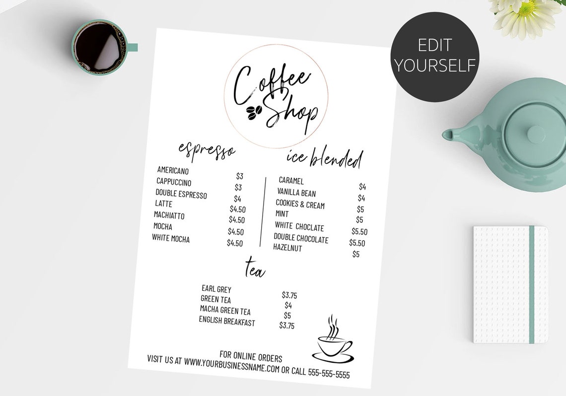 Coffee Shop Price List, Business Price List Template, Editable Price List , Printable Price