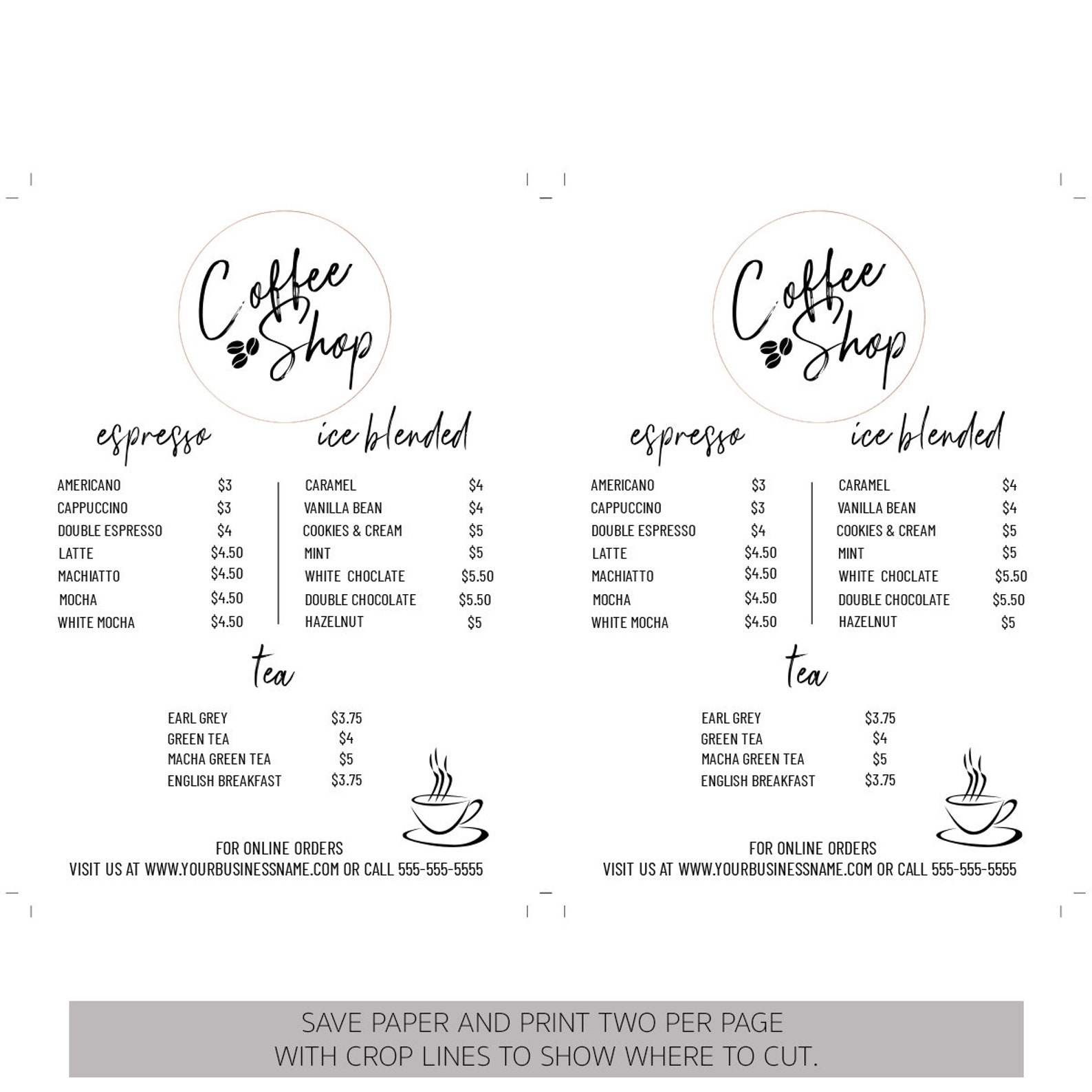 Coffee Shop Price List, Business Price List Template, Editable Price