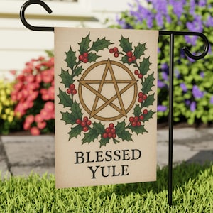 Blessed Yule Garden Flag Vintage Pagan Winter Solstice Decor, Wiccan Holiday Yard Banner, Pentacle & Holly Witchy Porch Sign