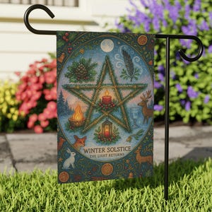 Winter Solstice Garden Flag The Light Returns Pagan Yule Banner, Witchy Holiday Decor, Evergreen Pentacle  Woodland Creatures