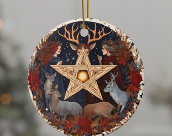 Bruja de Yule doble en tonos terrosos, decoración para árbol de Navidad, adorno navideño, regalo pagano, decoración para el solsticio de invierno, wicca, adornos de cerámica.