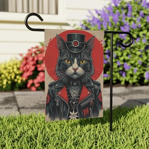 Punk Rock katt trädgårdsflagga rolig gotisk utomhusdekoration, biker kattflagga för trädgård eller veranda, rebellisk husdjursälskare present, rock n roll gräsmatta konst