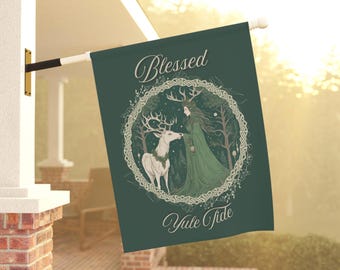 Bandera celta pagana con diseño de bruja verde, diosa, ciervo, marea navideña bendecida, regalo de ciervo para el solsticio de invierno, alquimia druida, decoración de patio y porche.